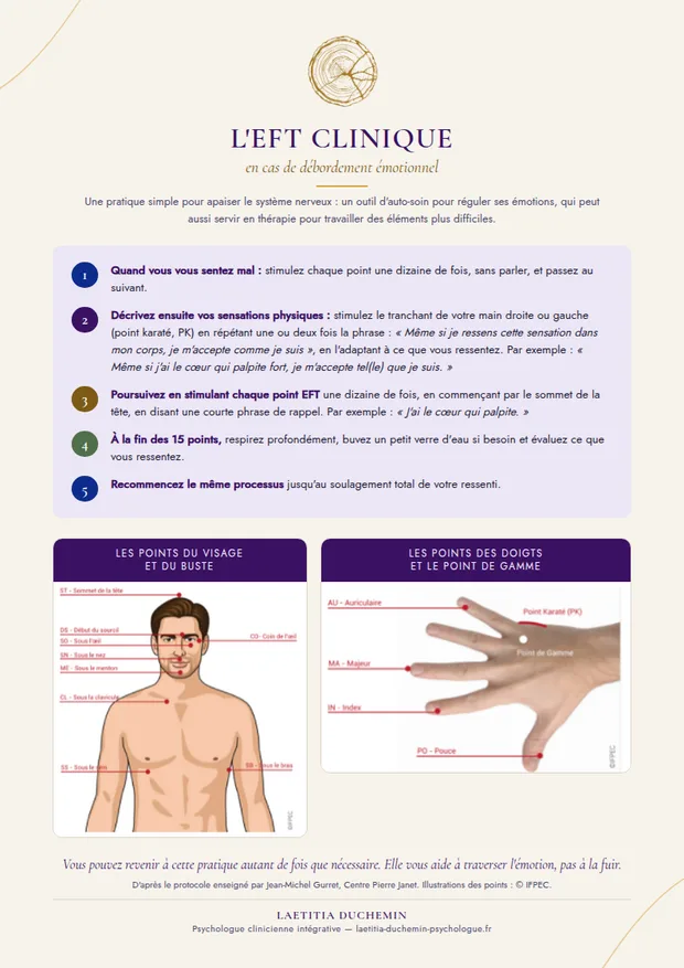 Aperçu de l'affiche : l'EFT clinique en cas de débordement émotionnel, le déroulé en cinq étapes et les 15 points de stimulation