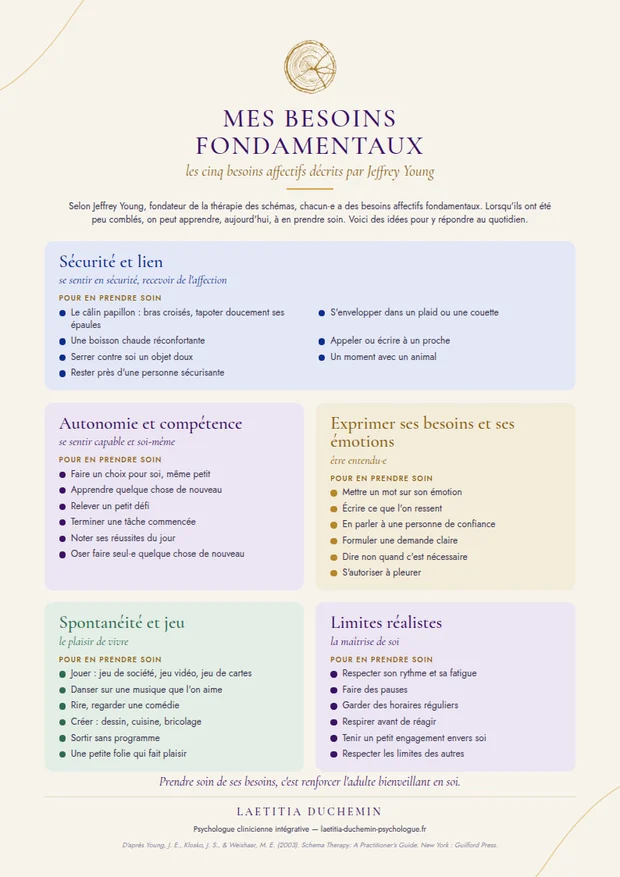 Aperçu de l'affiche : mes besoins fondamentaux, les cinq besoins affectifs décrits par Jeffrey Young et des idées pour en prendre soin au quotidien