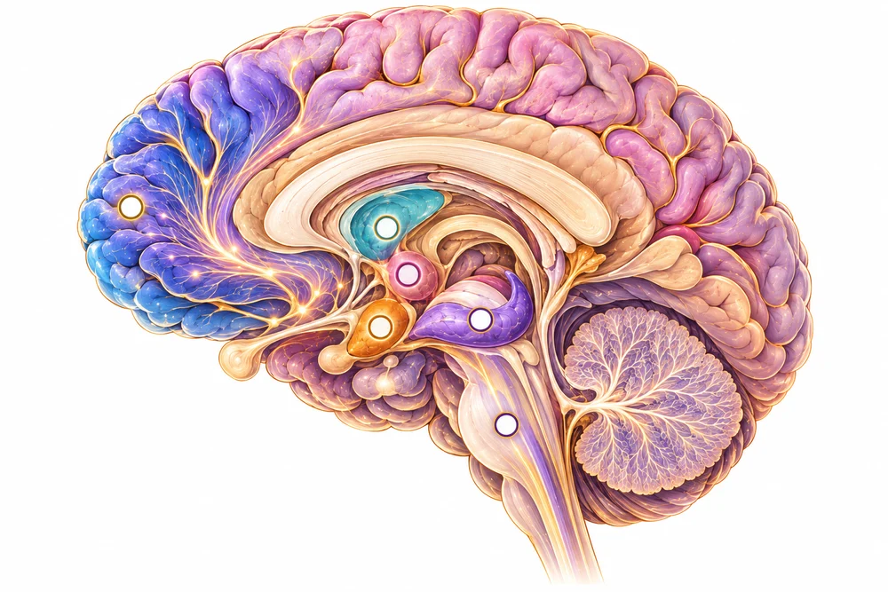 Coupe du cerveau vue de côté, avec six zones impliquées dans les émotions : cortex préfrontal, thalamus, hypothalamus, amygdale, hippocampe et tronc cérébral